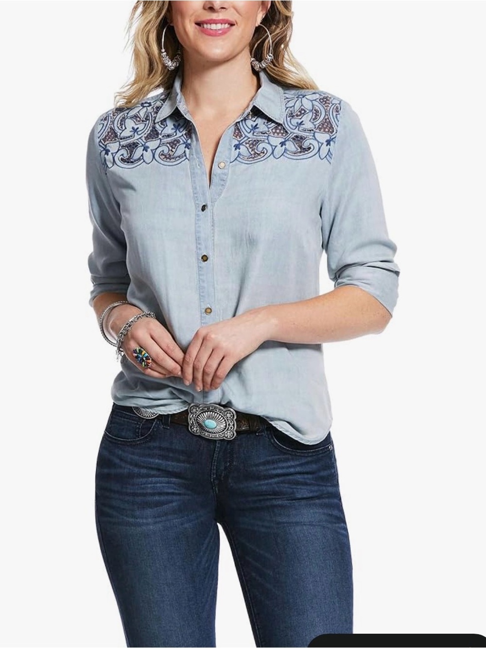 Ariat Light Blue Long Road Embroidered Western Button-Up Shirt Large NWT